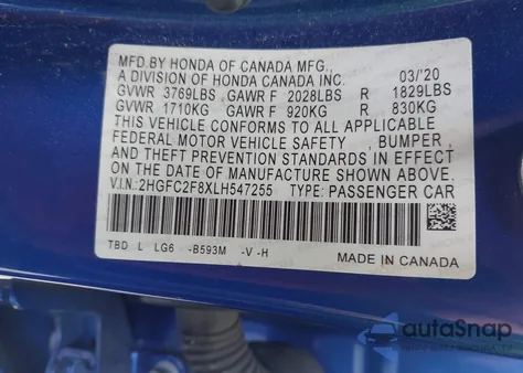 2020 Honda Civic Sport z USA, uszkodzony, nr VIN 2HGFC2F8XLH547255